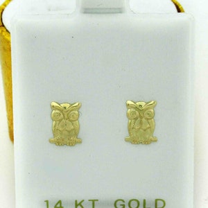 Owl Stud Earrings Solid 14k Yellow Gold