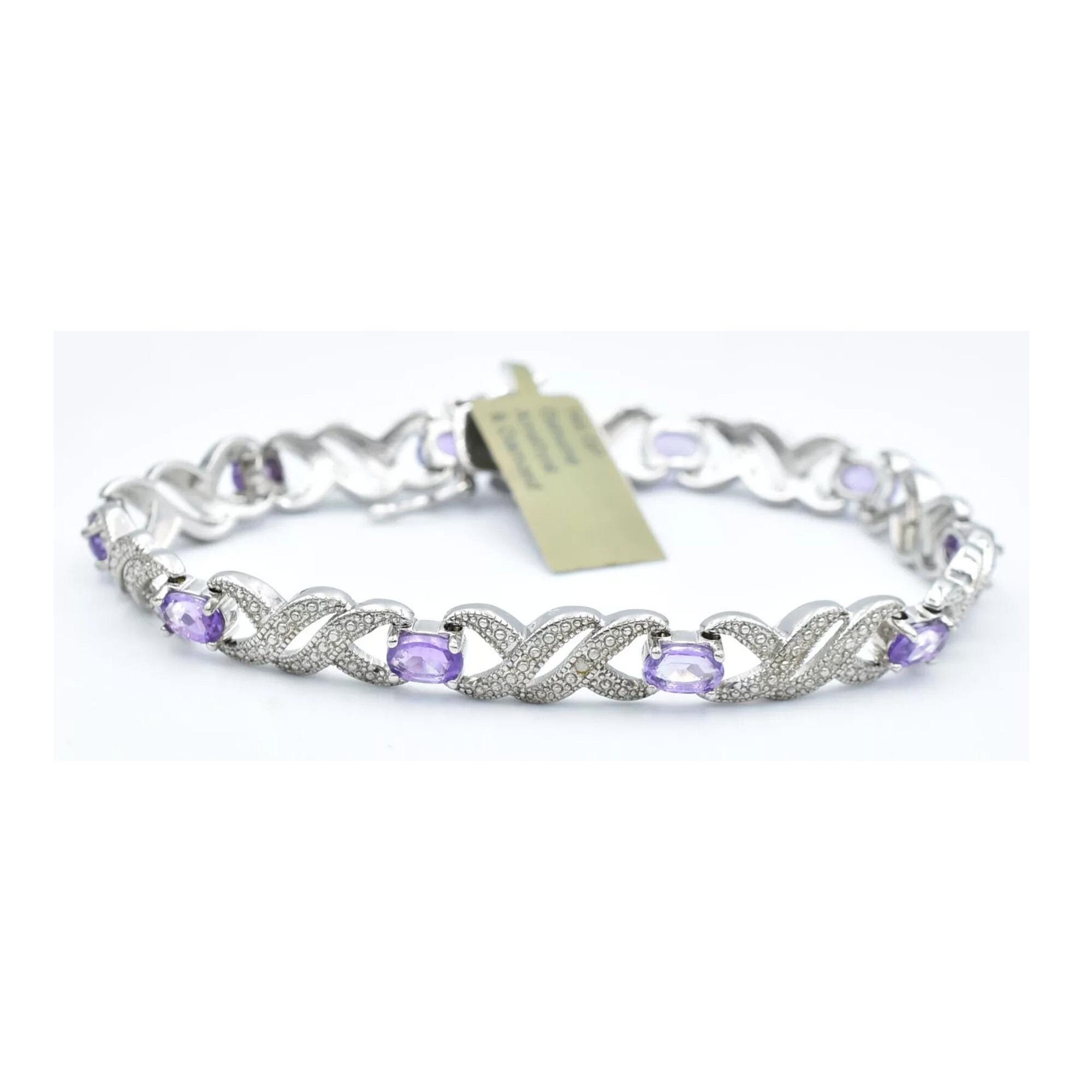 Genuine 6.20 Cts Amethyst & Diamond Bracelet 14k White Gold Plated