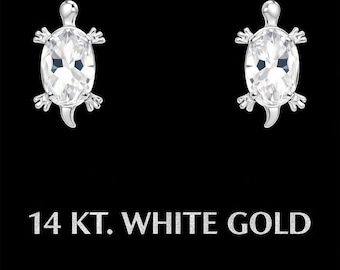 White Sapphire Turtle Stud Earrings SOLID 14k White Gold