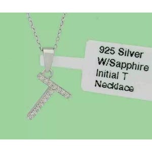 Collar con colgante de inicial "T" y zafiros blancos en plata 925