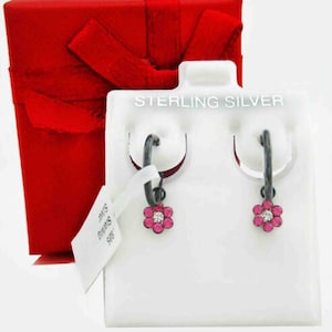 Pink & White Sapphires Flower Huggies Dangling Earrings .925 Sterling Silver