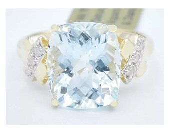 Genuine 6.23 Cts Aquamarine & Diamond Ring 14k Gold