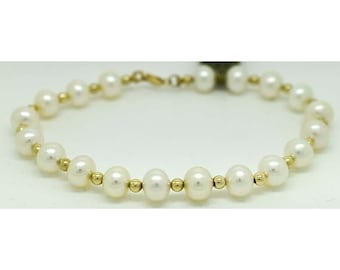 Genuine 7mm White Pearls Bracelet 14k Yellow Gold