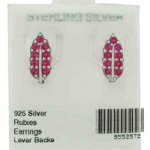May include: Sterling silver earrings with a leaf design, featuring vibrant pink rubies. The earrings are on a white display card with the text "925 Silver Rubies Earrings Lever Backs".