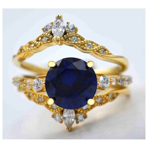 Genuine 1.88 Ct Blue & White Sapphire Ring Set 925 Sterling Silver (Yellow)