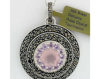 Genuine Rose Quartz, Pink Tourmaline & Marcasite Pendant Necklace .925 Silver