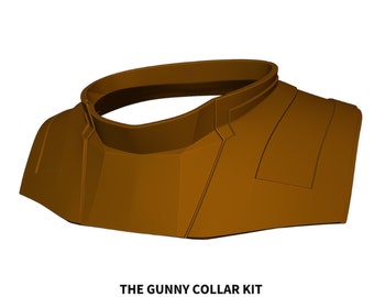 May include: A brown 3D printed collar kit for cosplay or costume making. The kit is made of two pieces and includes instructions for assembly. The text on the image reads "The Gunny Collar Kit, 2 Piece Close Out Design, STL File with HK's Famous Custom Supports and Downloadable Instructions."
