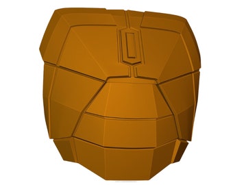 May include: A brown, multi-paneled chest and belly armor piece with geometric segments and a central rectangular detail. The text reads: MAKERBAK3D THE GUNNY CHEST AND BELLY KIT STL FILE WITH HK'S FAMOUS CUSTOM SUPPORTS AND DOWNLOADABLE INSTRUCTIONS.