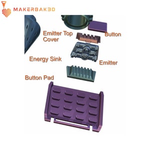 May include: A disassembled view of a purple button pad, a gray energy sink, a gray emitter, a gray emitter top cover, and a purple button. The parts are labeled with their names.