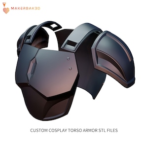 May include: Black custom cosplay torso armour with a futuristic design. The armour is made of several pieces, including a chest plate, shoulder guards, and back pieces. The text "CUSTOM COSPLAY TORSO ARMOR STL FILES" is at the bottom.
