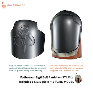 May include: Two-piece, metallic grey Mythosaur Sigil Bell Pauldron STL file. Includes a sigil plate with a detailed emblem and a plain bell model. Custom supports are included for easy DIY assembly.