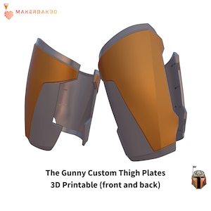 May include: 3D printable custom thigh plates for cosplay or costume making. The plates are designed to fit the legs and are made of a durable plastic. The plates are orange and gray and have a textured surface. The plates are shown from the front and back.