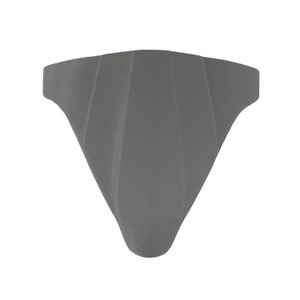 May include: A gray, ribbed, fabric face mask with a pointed bottom and a wide elastic band.
