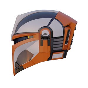 May include: A futuristic helmet design in orange, white, and black. The helmet features a visor, angular shapes, and a detailed side panel. The design is reminiscent of science fiction or space-themed aesthetics.