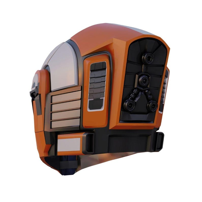 May include: A futuristic orange and black helmet with a clear visor. The helmet features a rectangular window, a series of horizontal lines, and a complex rear design with circular components. The overall design suggests a sci-fi or industrial theme.