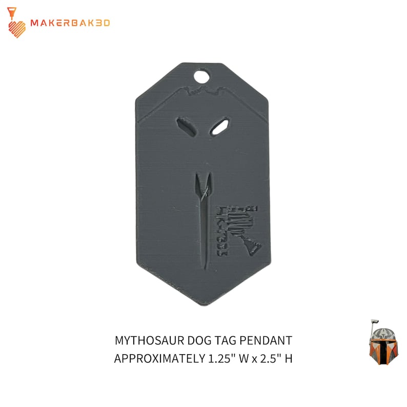 May include: Gray Mythosaur dog tag pendant, approximately 1.25" wide and 2.5" high. The tag features a Mythosaur skull design with a hole at the top for attachment. The text "Mythosaur Dog Tag Pendant" is printed below the tag.