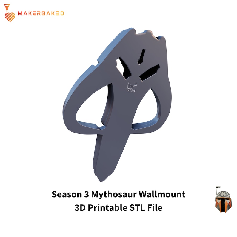 May include: A 3D printed wall mount of a Mythosaur skull from The Mandalorian, Season 3. The STL file is available for download. The image shows the skull in a gray color.