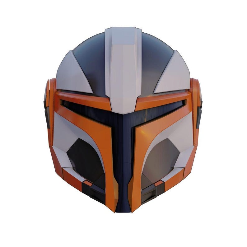 May include: A futuristic helmet design in orange, white, black, and navy blue. The helmet features a visor and angular panels, with a central white stripe running down the top. The overall aesthetic suggests a sci-fi or cosplay theme.