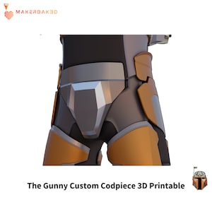 May include: A 3D printed model of a custom codpiece, featuring a grey metal panel and orange and brown plastic accents. The model is designed for cosplay or costume making.