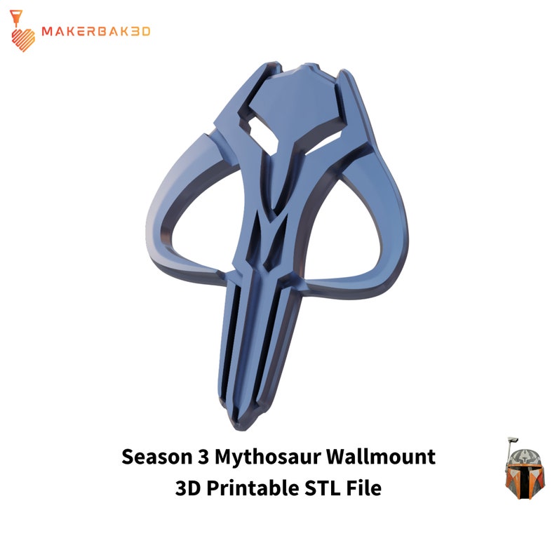May include: A 3D printed wall mount of the Mythosaur skull from The Mandalorian, Season 3. The skull is a dark blue color and is printed in a detailed style. The text "Season 3 Mythosaur Wallmount 3D Printable STL File" is below the skull.