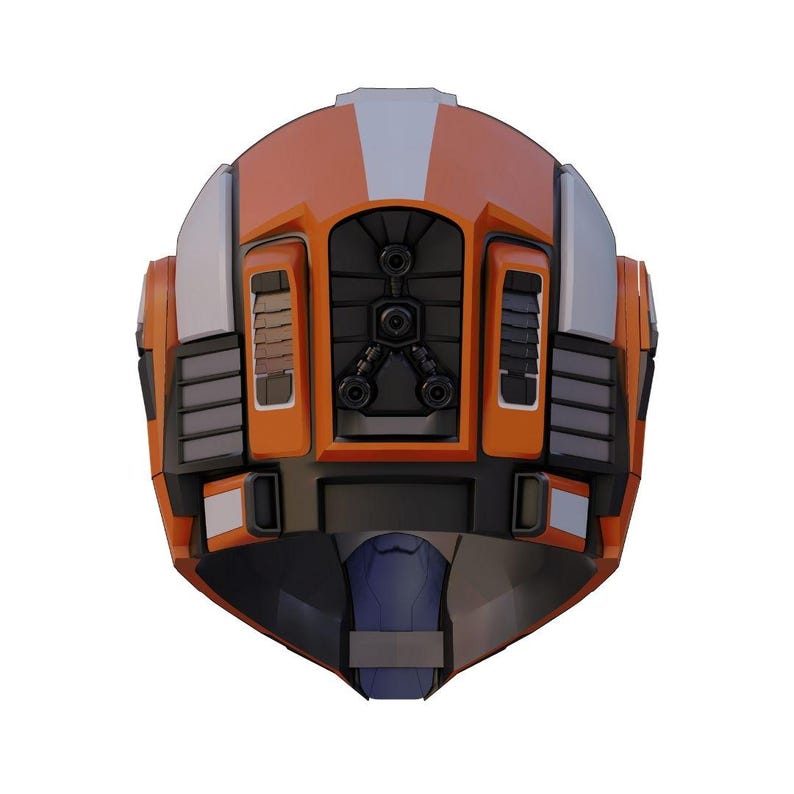 May include: A futuristic, orange and gray helmet with a complex design. The helmet features a central black panel with three circular elements and rectangular vents. A white stripe runs down the center, and a blue section is visible at the bottom.