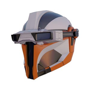 May include: A futuristic helmet design in orange, white, black, and gray. The helmet features a visor with two rectangular lenses and a prominent top section. The design incorporates angular shapes and a sleek, modern aesthetic, suggesting a sci-fi or cosplay theme.