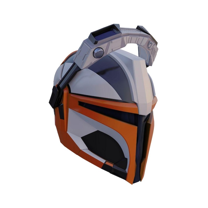 May include: A futuristic helmet design in orange, white, gray, and black. The helmet features a visor, a top-mounted device, and angular shapes. The color scheme is bold and striking, with a focus on geometric forms.
