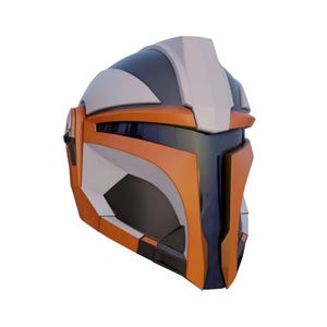 May include: A futuristic helmet in shades of orange, white, black, and gray. The helmet has a visor and angular design, suggesting a sci-fi or cosplay theme. The overall aesthetic is sleek and modern.