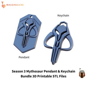 May include: A blue pendant and keychain featuring the Mythosaur skull design. The pendant is rectangular with a hole at the top. The keychain has a loop for attaching keys. The text reads "Season 3 Mythosaur Pendant & Keychain Bundle 3D Printable STL Files."