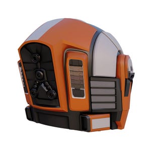 May include: An orange and black futuristic helmet with white and gray accents. The helmet has a complex design with multiple panels, vents, and what appear to be sensor components. The overall aesthetic suggests a sci-fi or industrial theme.