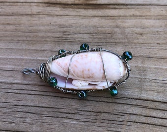 Wire wrapped beaded shell pendant