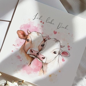 Tarjeta TE AMO con postal de vacas y corazones en acuarela y tarjeta plegable con sobre