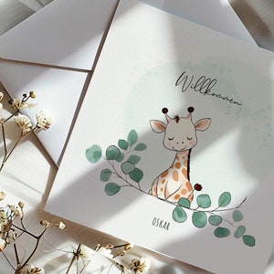 Carte de naissance personnalisée GIRAFFE avec texte souhaité et carte nominative pour naissance sage-femme grossesse bébé
