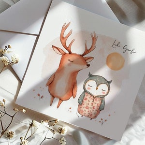 LIEBE GRÜßE Karte Reh und Eule Geburtstagskarte Glückwunschkarte Grußkarte Karte für Freund Mann Geschenk für ihn Personalisierbare Karte