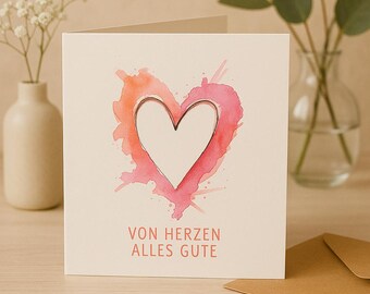 Heartfelt Best Wishes Card, Watercolor Heart in Papercut Style, Romantic Greeting Card for Valentine's Day, Wedding Anniversary, Personalizable