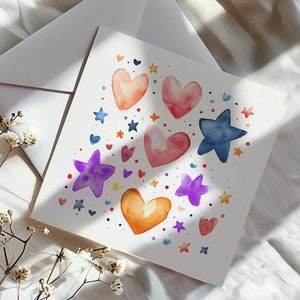 Glinsterende knuffelige wenskaart met hartjes en sterren Aquarelkaart Merry Christmas Personaliseerbare kerstkaart