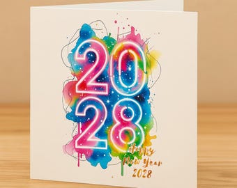 2028 New Year's Eve Card Happy New Year New Year's Card with Heart Card with Saying Watercolor Christmas Gift Postcard Folded Card Minimalist