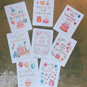 8er Set Geburtstagskarten, Aquarell Grußkarten mit süßen Tier-, Kuchen- und Konfetti-Motiven für Einladungen & Feiern für Jungen und Mädchen