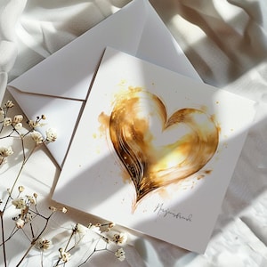 Carte "Heart's Joy" pour toutes les occasions, coeur doré à l'aquarelle sucrée, personnalisable sur demande