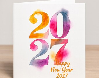 2027 New Year's Eve Card Happy New Year New Year's Card with Heart Card with Saying Watercolor Christmas Gift Postcard Folded Card Minimalist