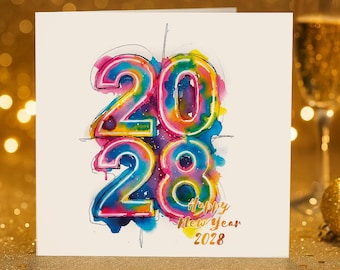 2028 New Year's Eve Card Happy New Year New Year's Card with Heart Card with Saying Watercolor Christmas Gift Postcard Folded Card Minimalist