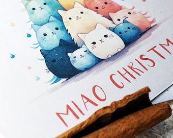 Christmas Cats Christmas Card Animals with Christmas Tree Card Christmas Cat Watercolor Christmas Gift Funny Card with Saying
