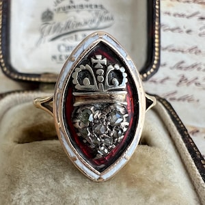 1870 Georgische gekroonde hartdiamant en emailring in 18 kt goud, antieke Georgische ring, antieke Georgische sieraden, antieke diamanten hartring,