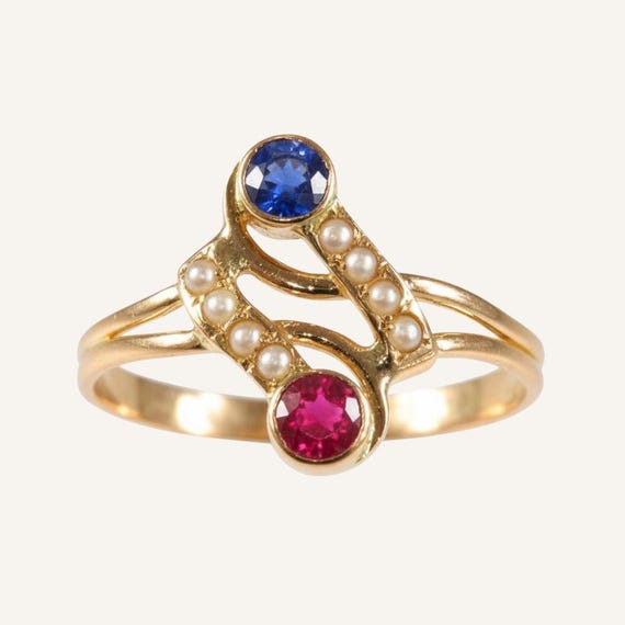 Authentic Antique Ring, 18K Gold Sapphire and Rub… - image 1