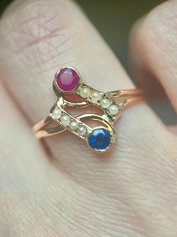Authentic Antique Ring, 18K Gold Sapphire and Rub… - image 3