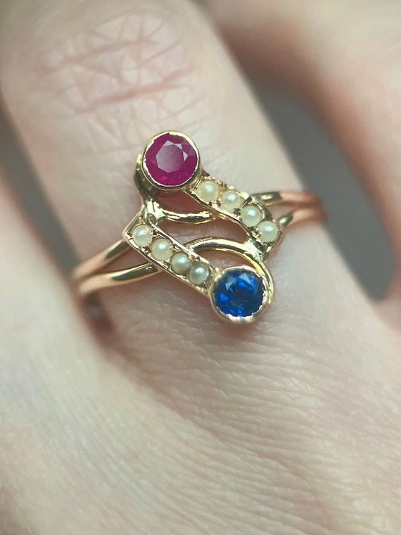Authentic Antique Ring, 18K Gold Sapphire and Rub… - image 4