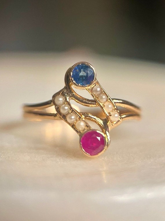 Authentic Antique Ring, 18K Gold Sapphire and Rub… - image 2