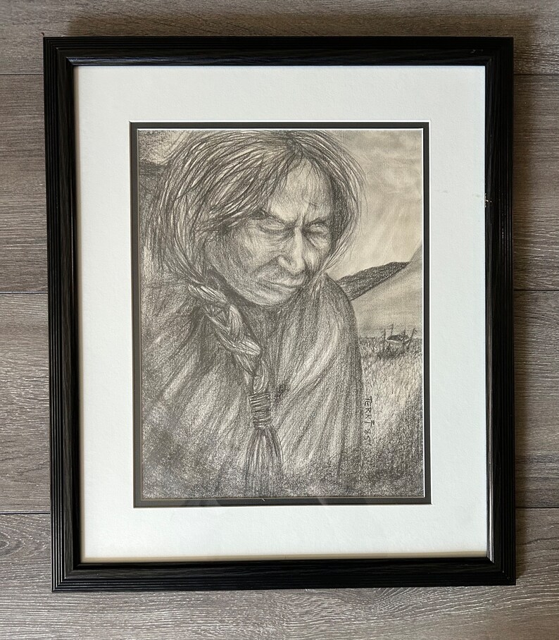 Vintage Drawing First Nations Man Signed Dated image 1
