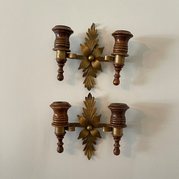 Vintage Pair Double Taper Candle Metal Leaf and Wood Sconces