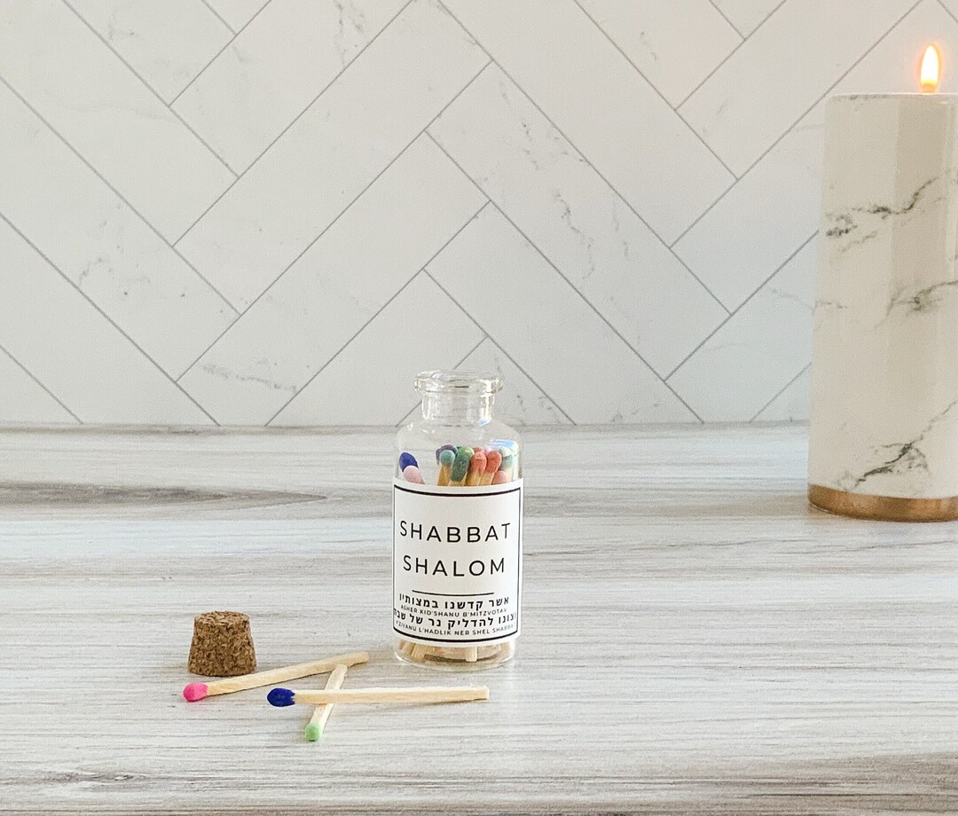 Shabbat Shalom Rainbow Matches in Glass Jar Shabbat Candle Lighting